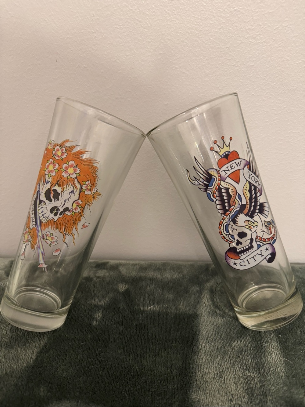Ed Hardy Pint Glass Set with Orange Skull and Multicolor Tattoo Art